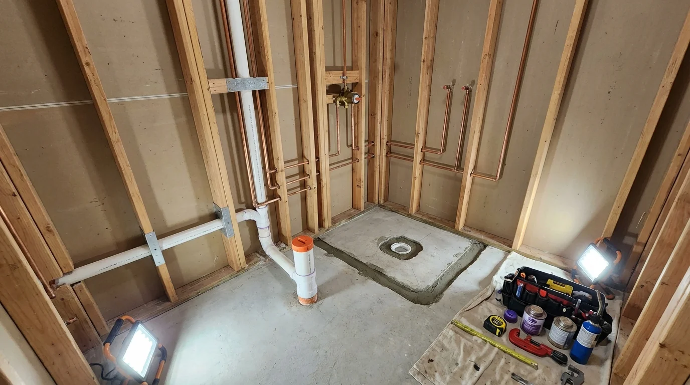 Bathroom rough-in plumbing during remodel by Johns Plumbing LLC in Cedar Park