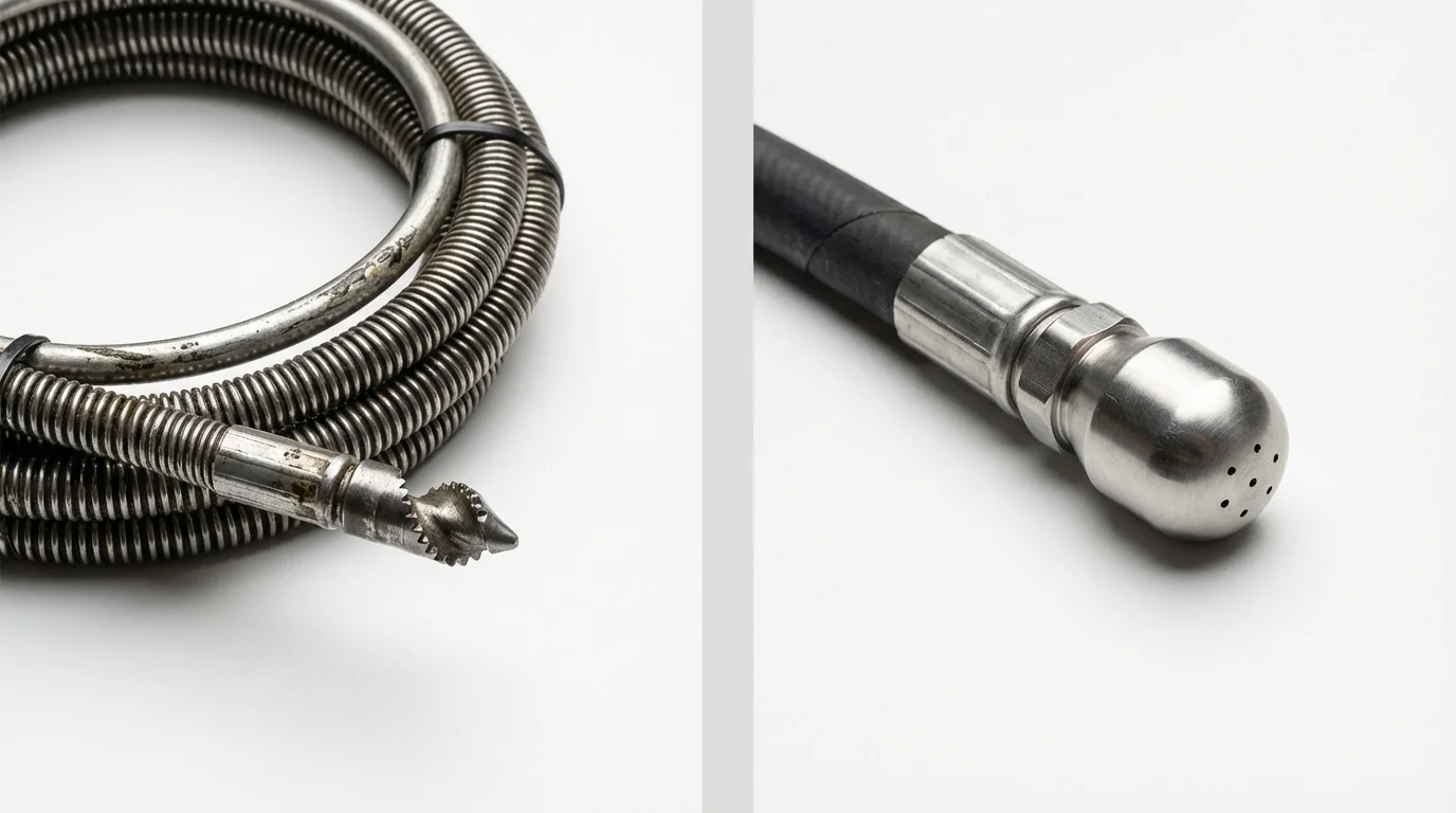 Drain snake cable and hydro jetting nozzle used for drain cleaning in Cedar Park, TX