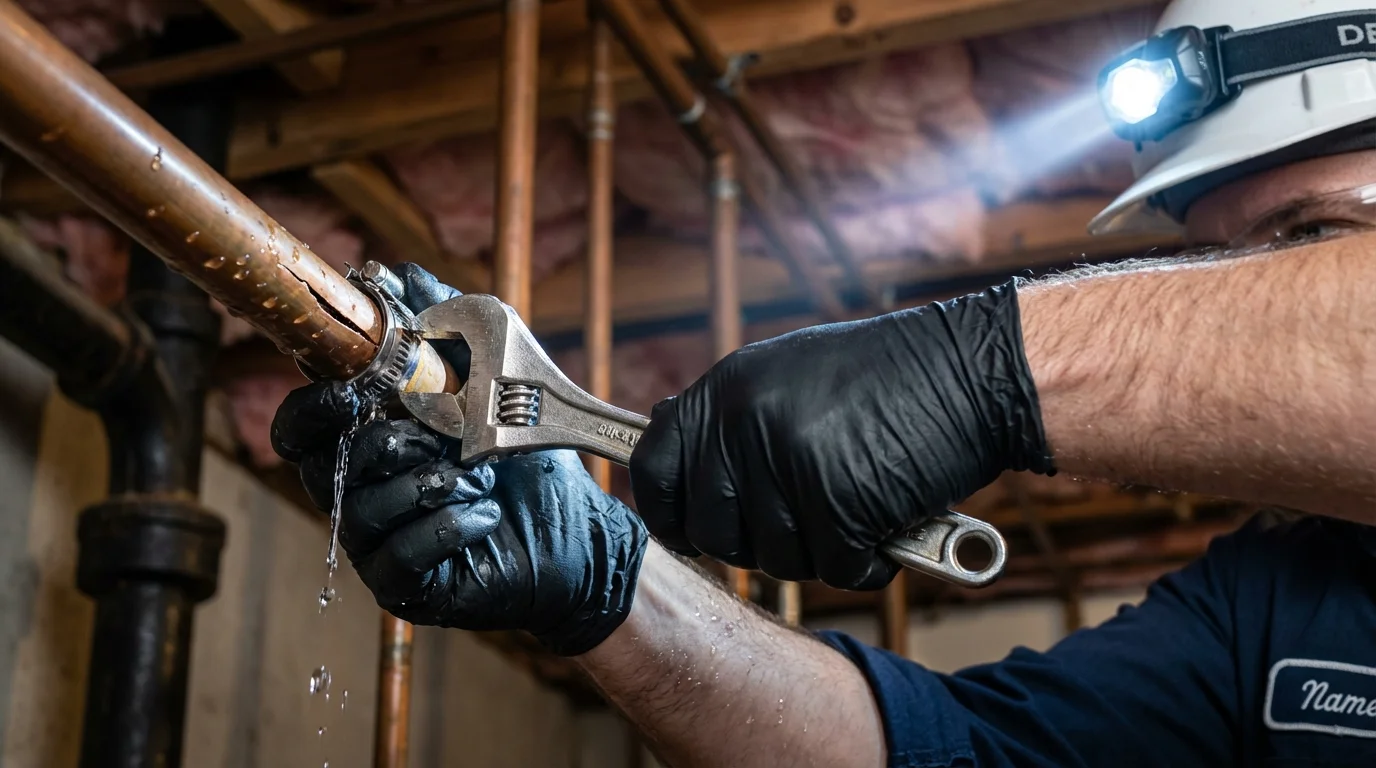 Emergency pipe clamp repair being performed by a Johns Plumbing LLC plumber in Cedar Park