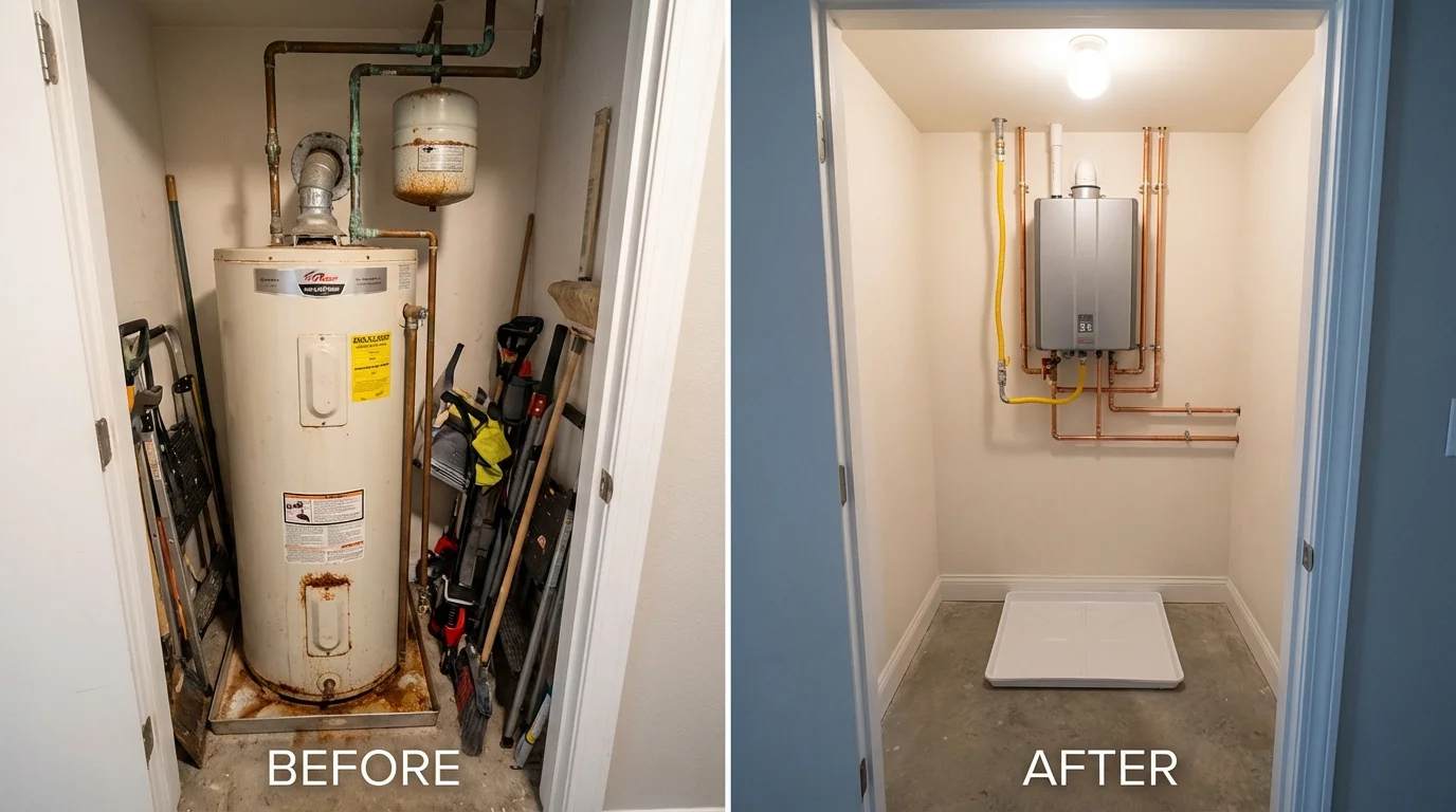Tank water heater versus wall-mounted tankless unit comparison for Cedar Park, TX homeowners